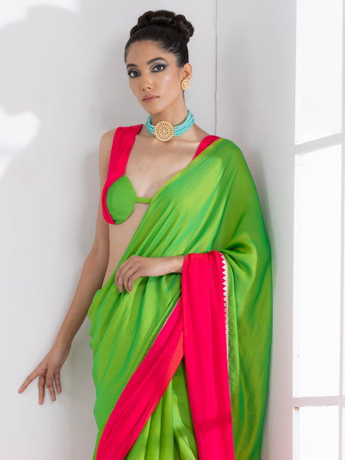 Chartreuse and Fuchsia Border Paradise Satin Saree with Self Blouse Fabric