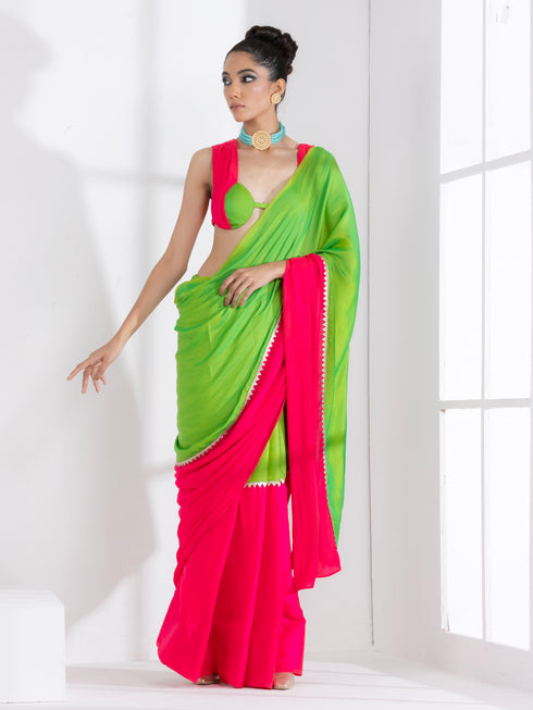Chartreuse and Fuchsia Border Paradise Satin Saree with Self Blouse Fabric