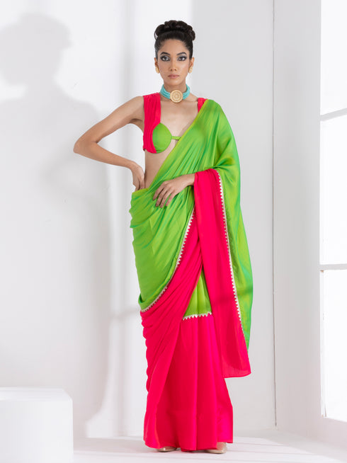 Chartreuse and Fuchsia Border Paradise Satin Saree with Self Blouse Fabric