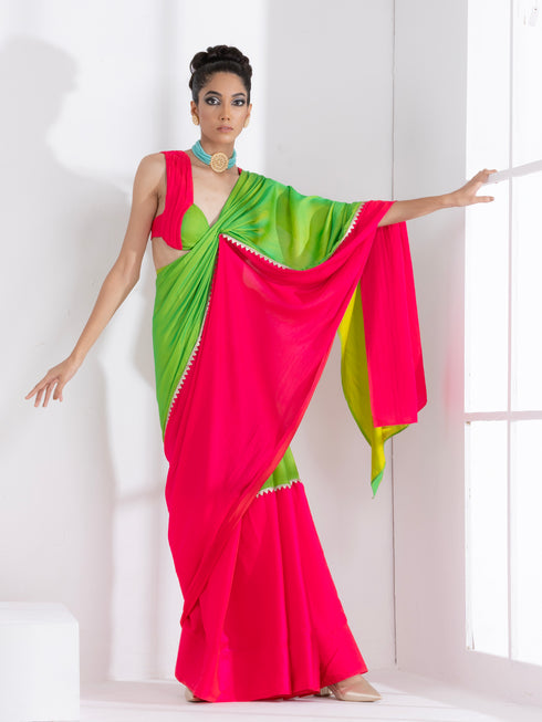 Chartreuse and Fuchsia Border Paradise Satin Saree with Self Blouse Fabric
