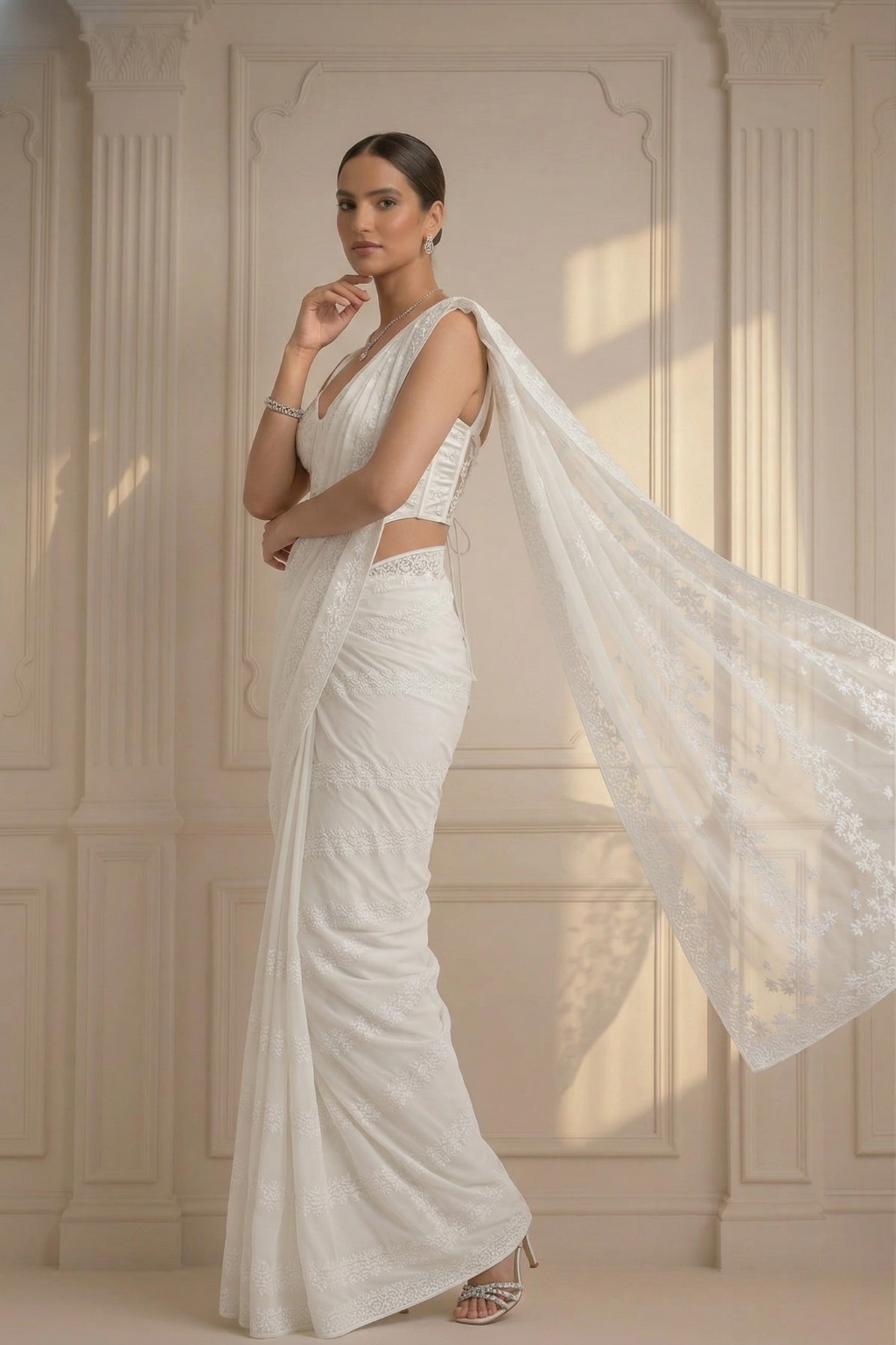 White Stripe Lace Saree with Sequin and Blouse Fabric