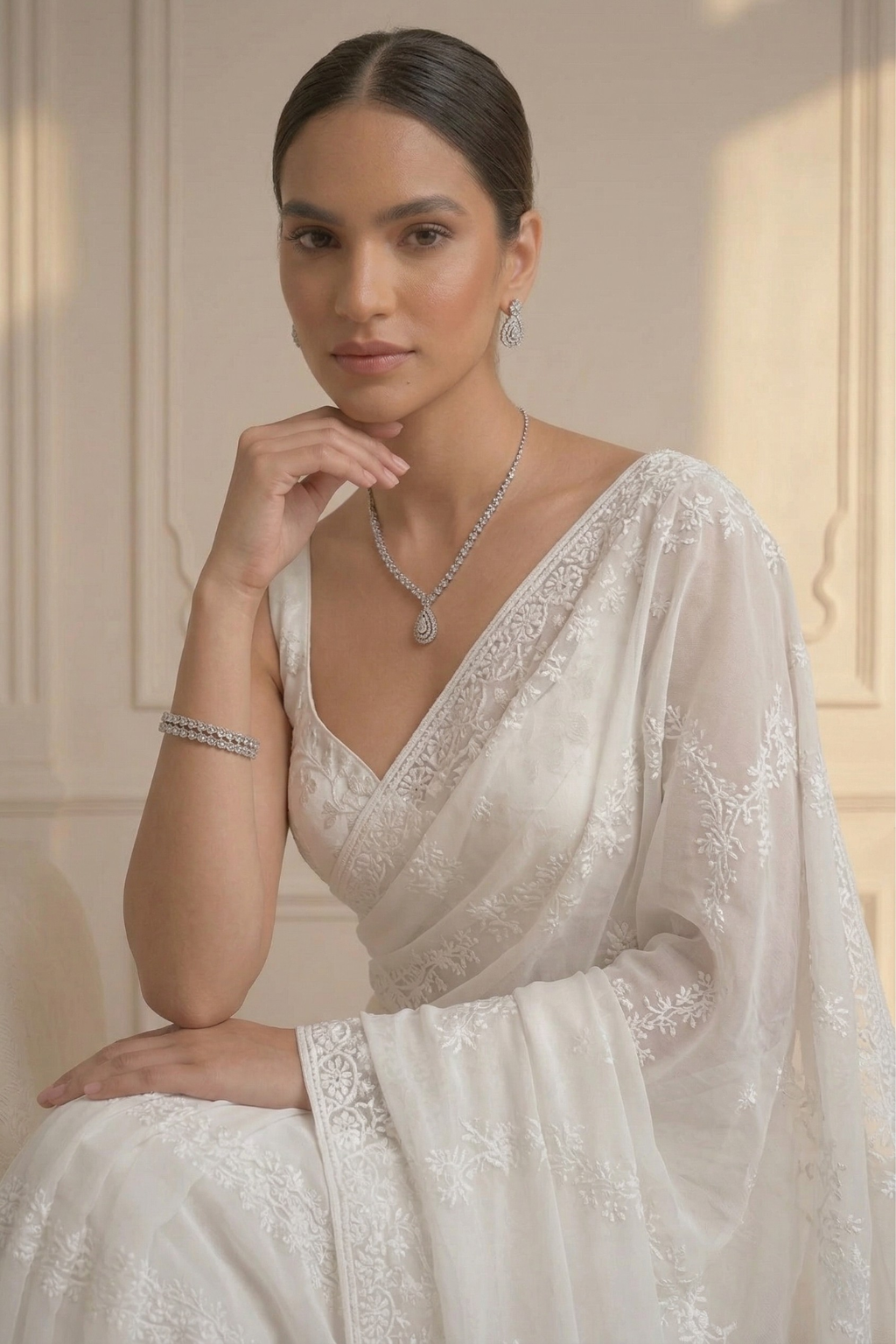 White Stripe Lace Saree with Sequin and Blouse Fabric