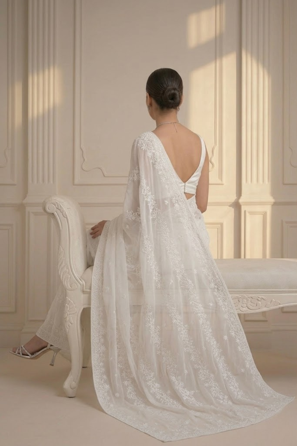 White Stripe Lace Saree with Sequin and Blouse Fabric