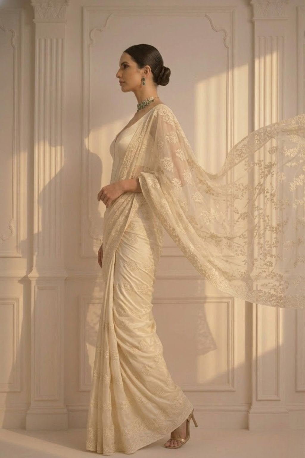 Cream Stripe Lace Saree with Sequin and Blouse Fabric