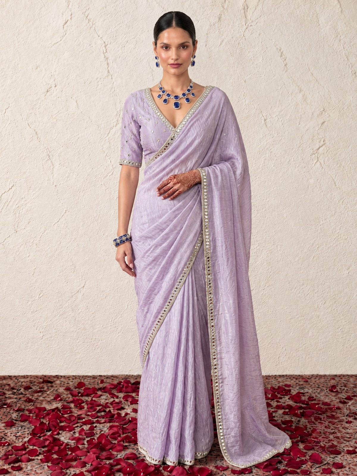 Lilac Mirror Metallic Satin Hand Beaded Cut Dana Saree with Border and Matching Blouse Fabric