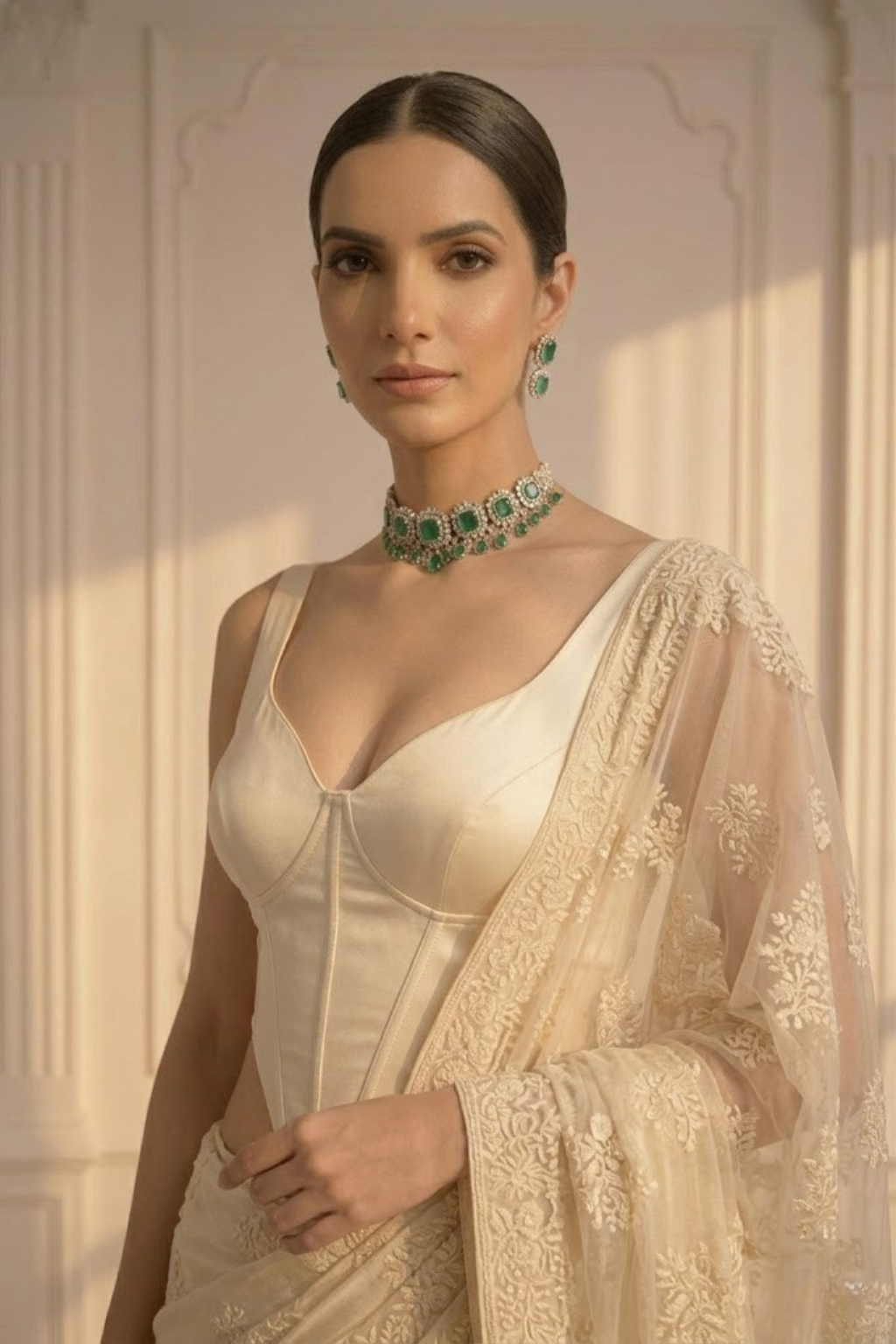 Cream Stripe Lace Saree with Sequin and Blouse Fabric