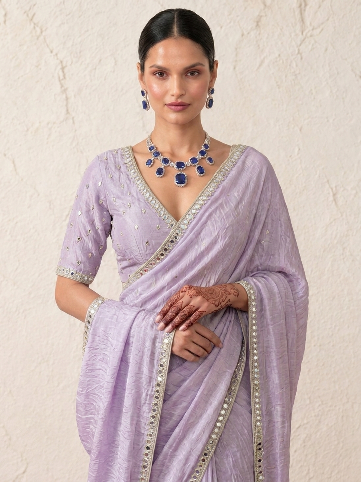 Lilac Mirror Metallic Satin Hand Beaded Cut Dana Saree with Border and Matching Blouse Fabric