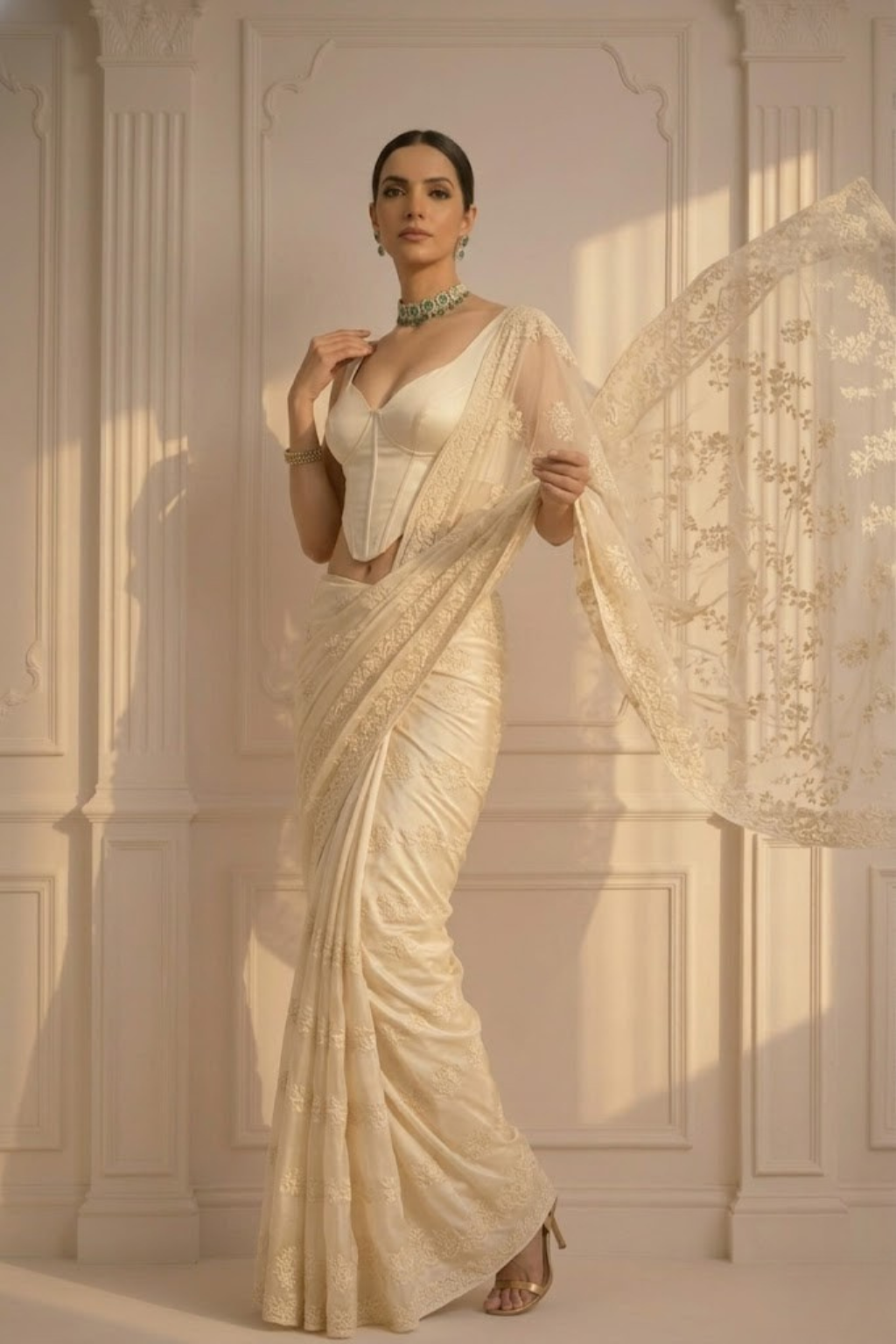 Cream Stripe Lace Saree with Sequin and Blouse Fabric