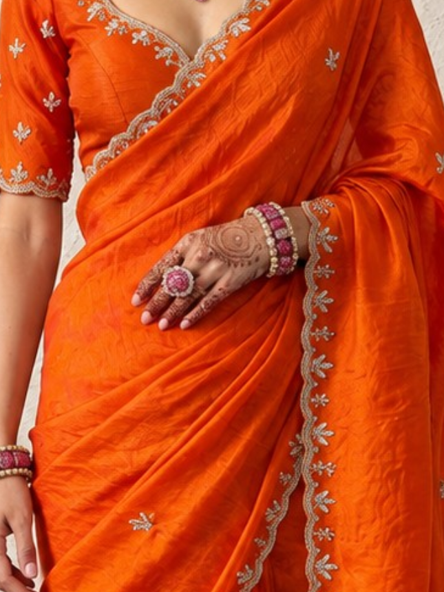 Orange Metallic Satin Scalloped Leaf Hand Beaded Saree with Matching Beaded Blouse Fabric