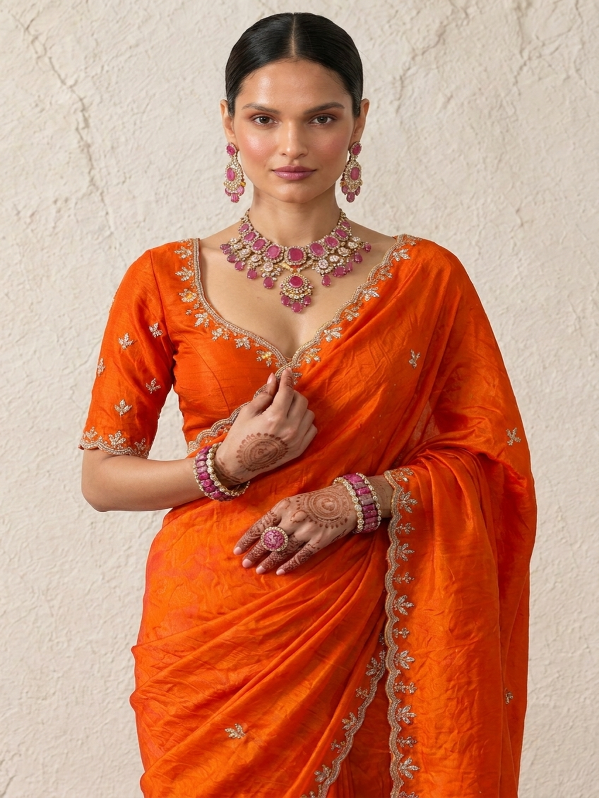 Orange Metallic Satin Scalloped Leaf Hand Beaded Saree with Matching Beaded Blouse Fabric