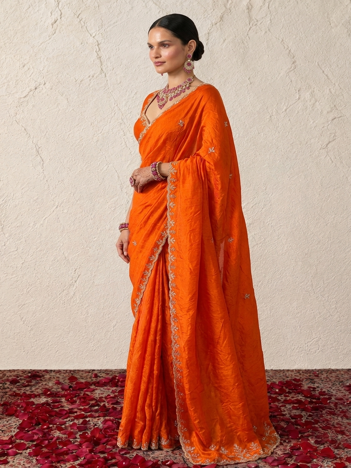 Orange Metallic Satin Scalloped Leaf Hand Beaded Saree with Matching Beaded Blouse Fabric