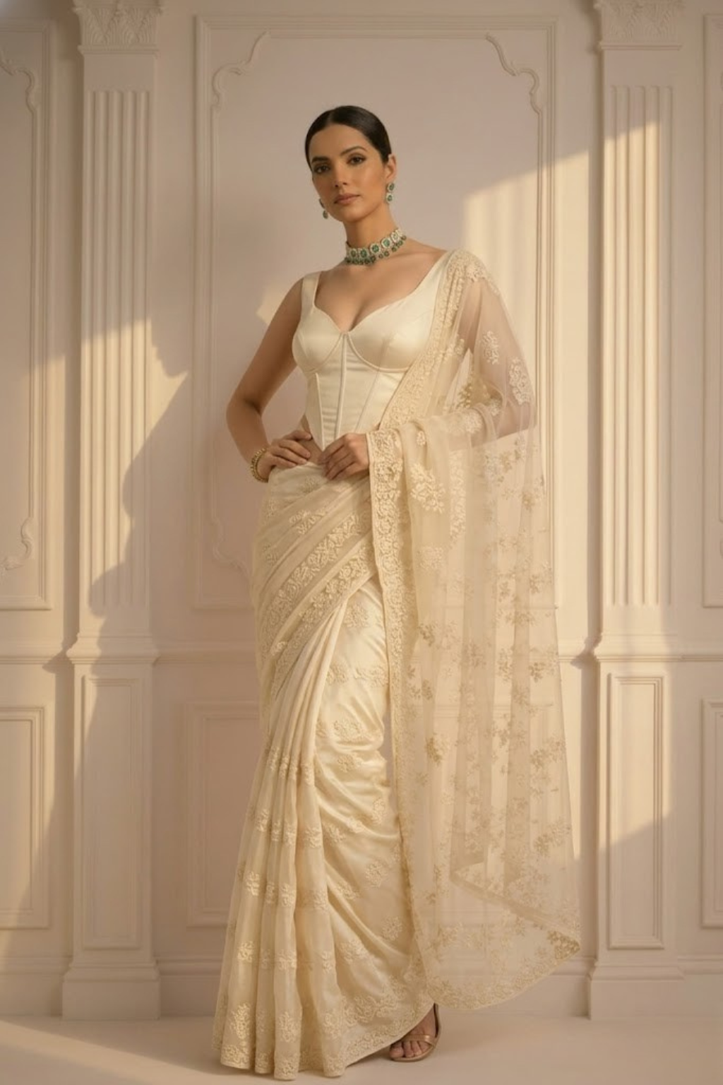 Cream Stripe Lace Saree with Sequin and Blouse Fabric