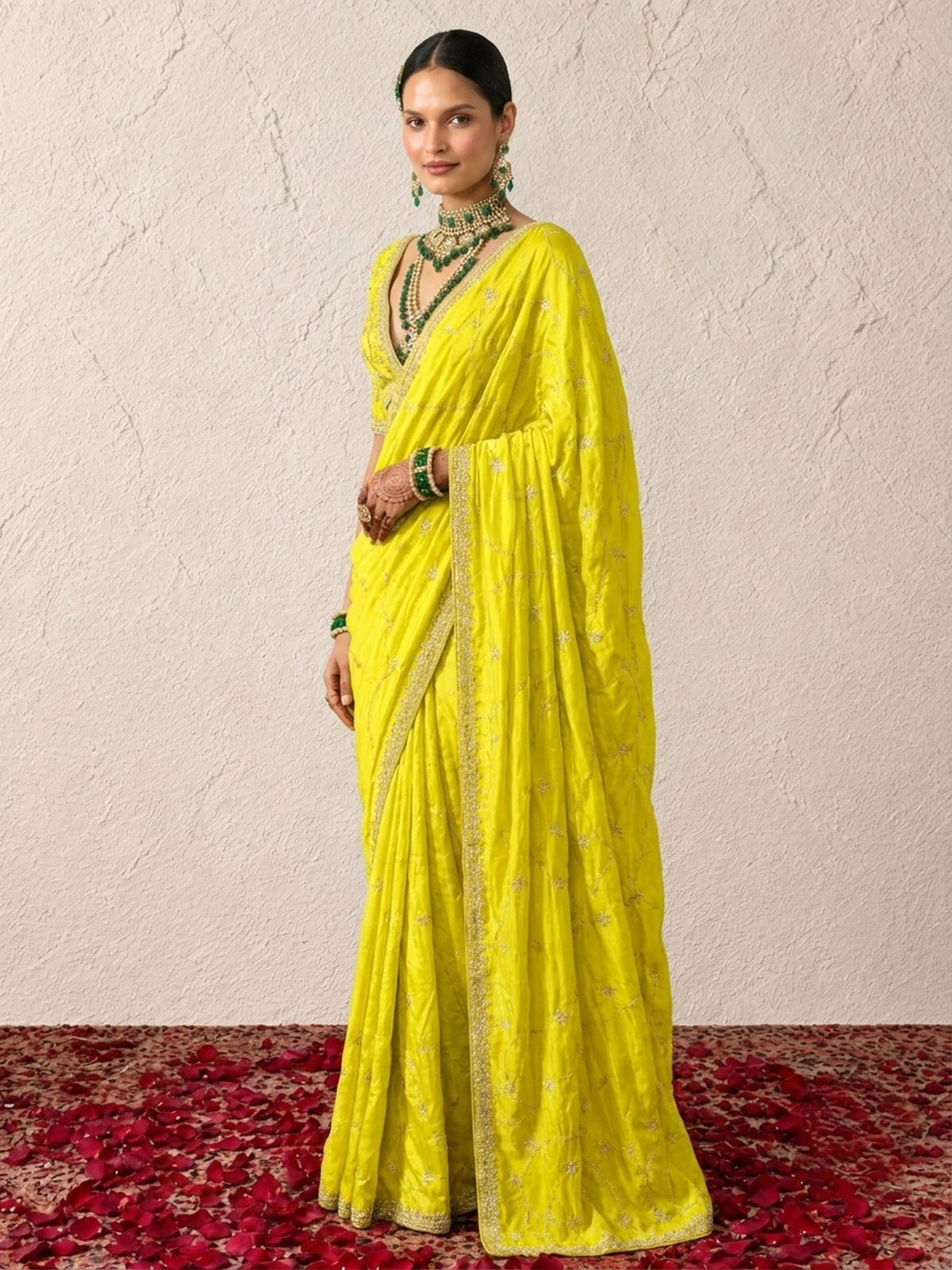 Lime Metallic Satin Allover Hand Beaded Cut Dana Saree with Matching Beaded Blouse Fabric