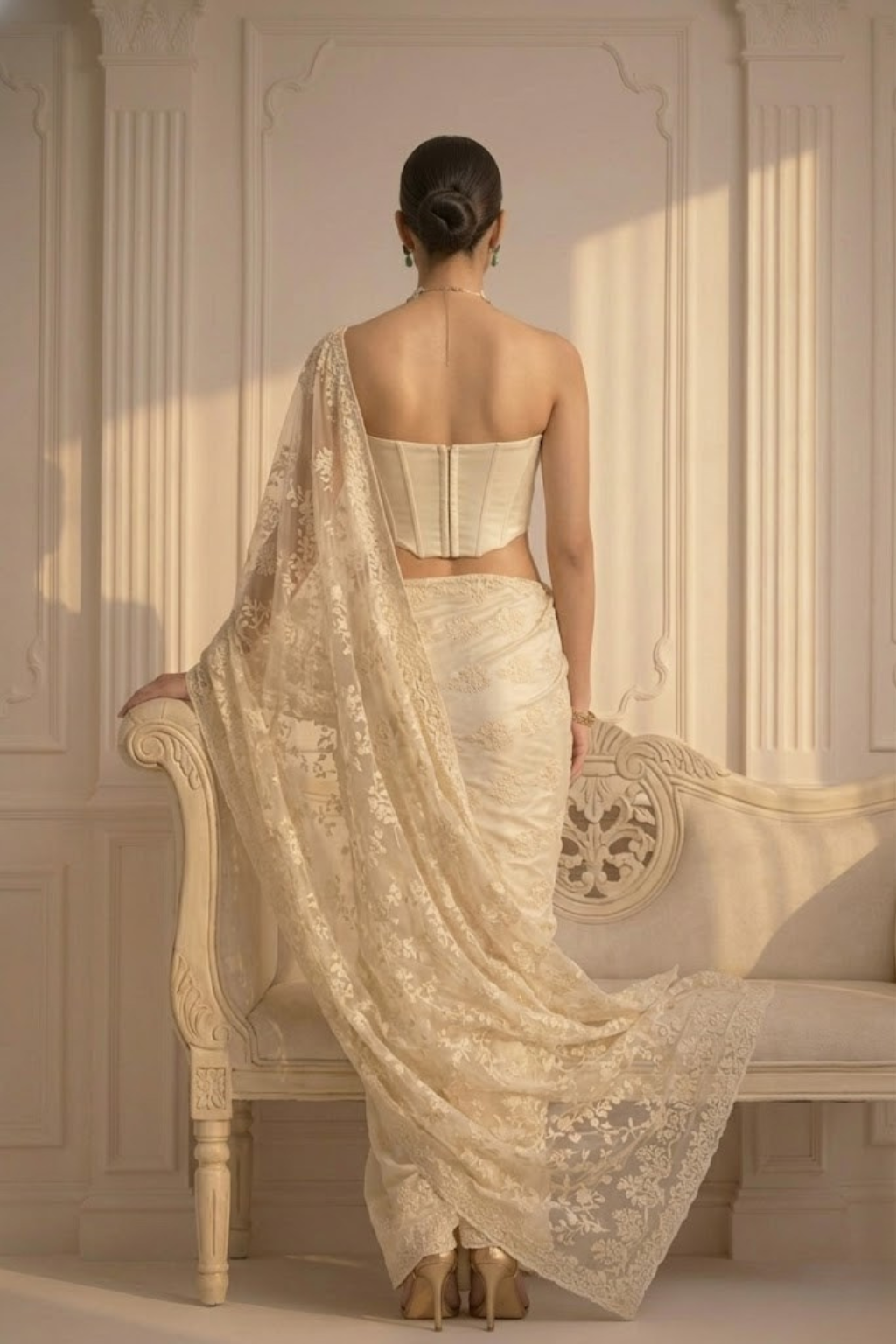 Cream Stripe Lace Saree with Sequin and Blouse Fabric