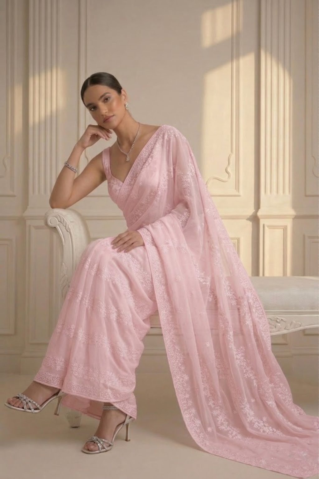 Blush Pink Stripe Lace Saree with Sequin and Blouse Fabric