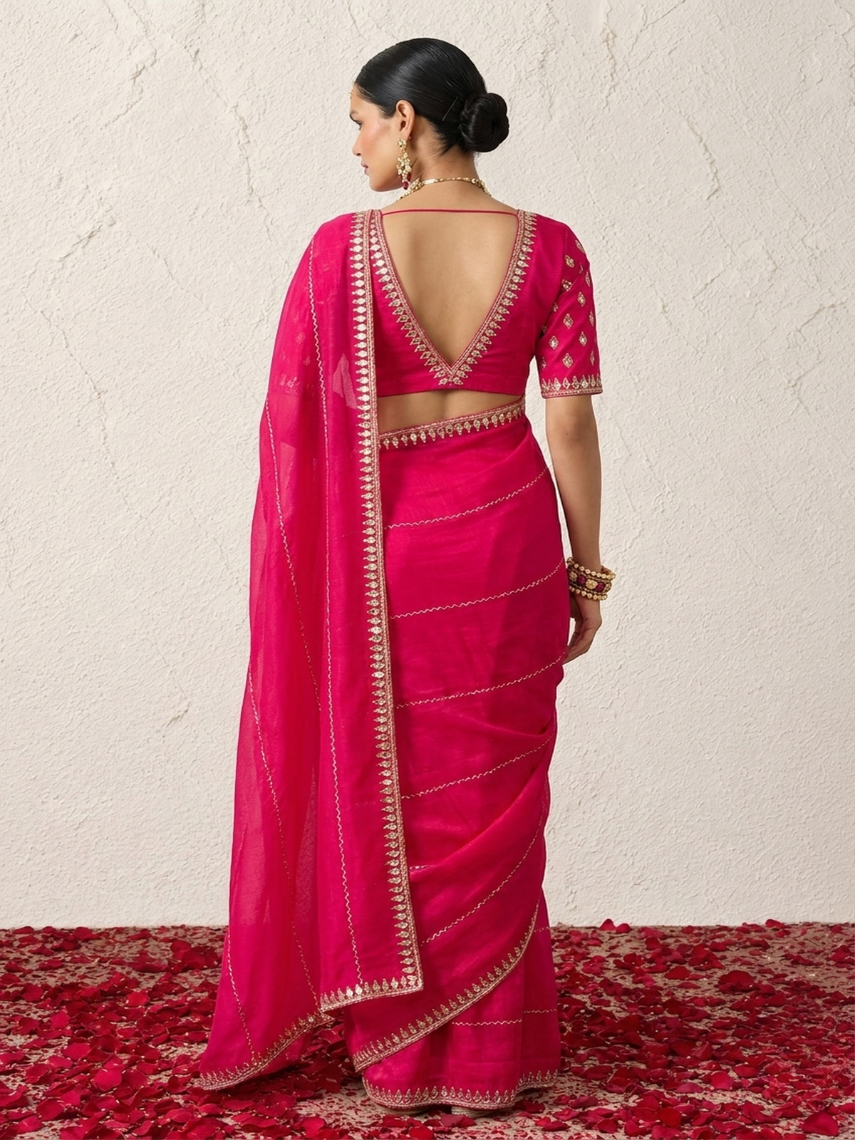Red Metallic Satin Mirror Striped Hand Beaded Saree with Border and Matching Blouse Fabric