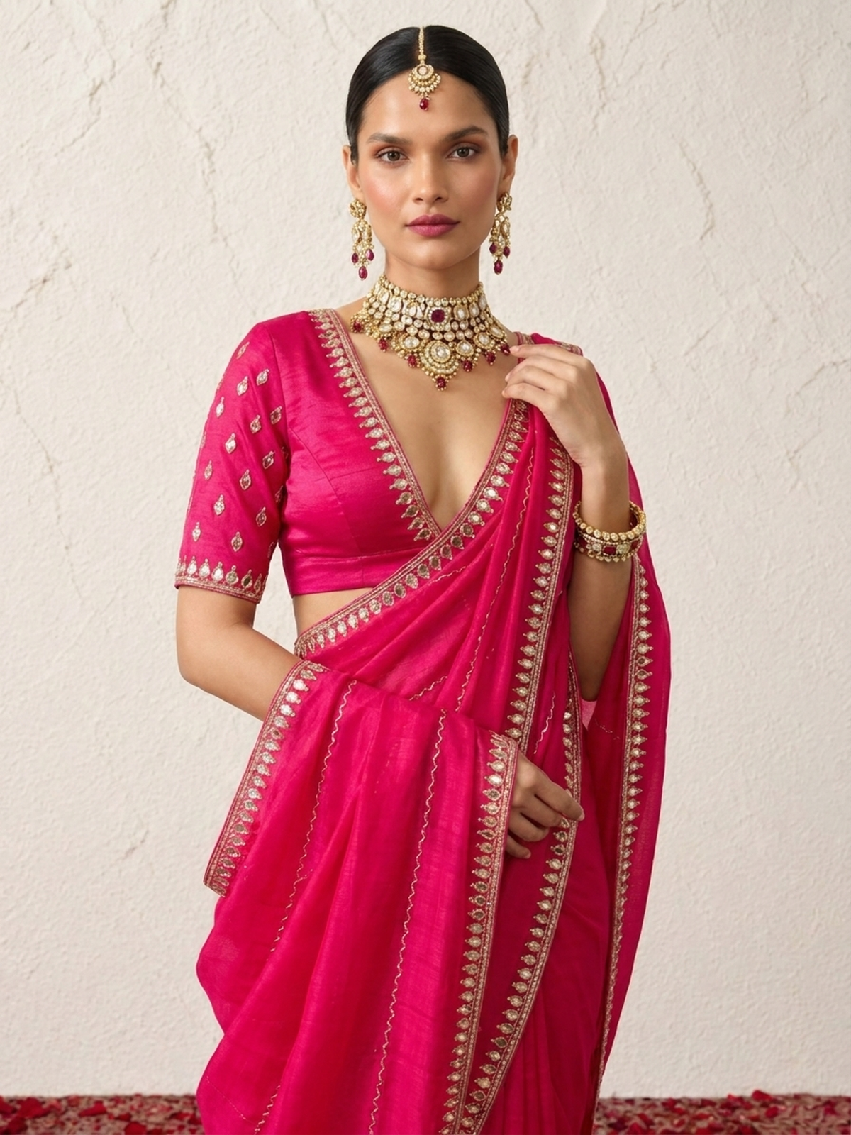 Red Metallic Satin Mirror Striped Hand Beaded Saree with Border and Matching Blouse Fabric