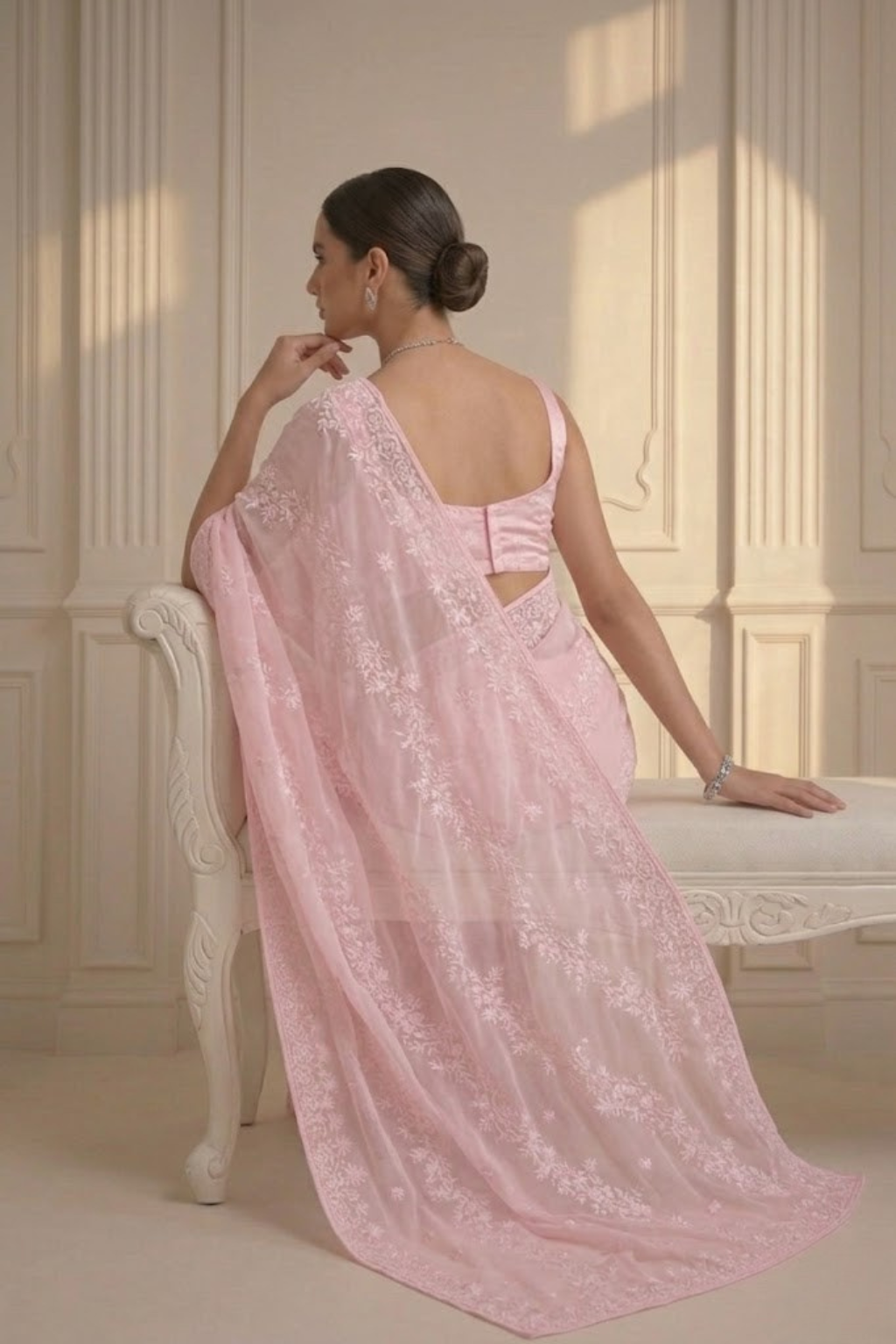 Blush Pink Stripe Lace Saree with Sequin and Blouse Fabric