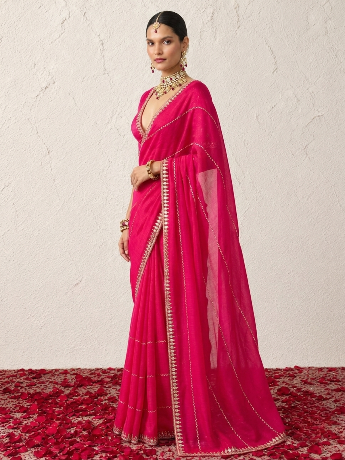 Red Metallic Satin Mirror Striped Hand Beaded Saree with Border and Matching Blouse Fabric