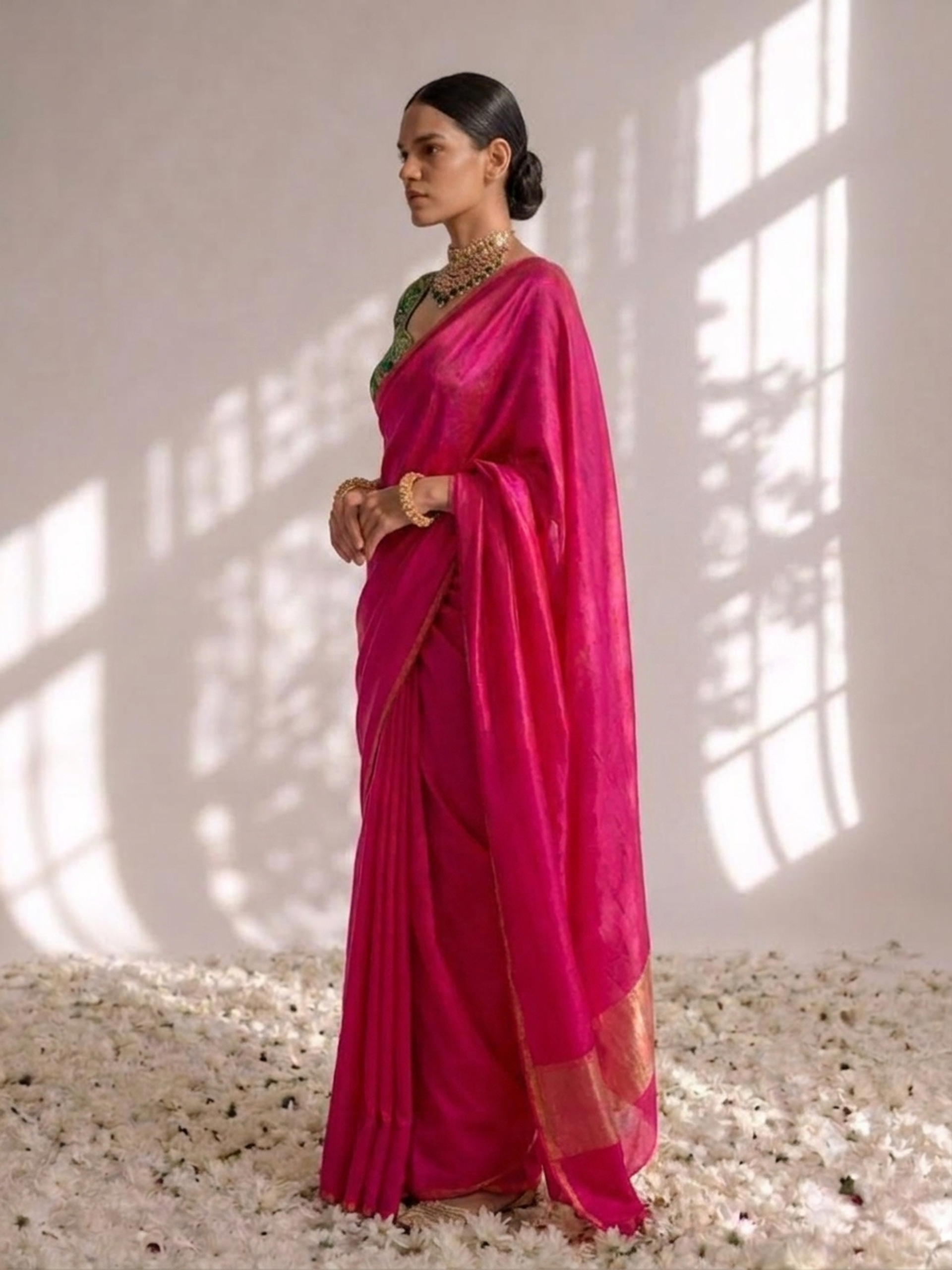 With Stitched Blouse - Green Brocade Blouse with Fuchsia Pink Dual Tone Satin Saree (Blouse has sleeve attached)