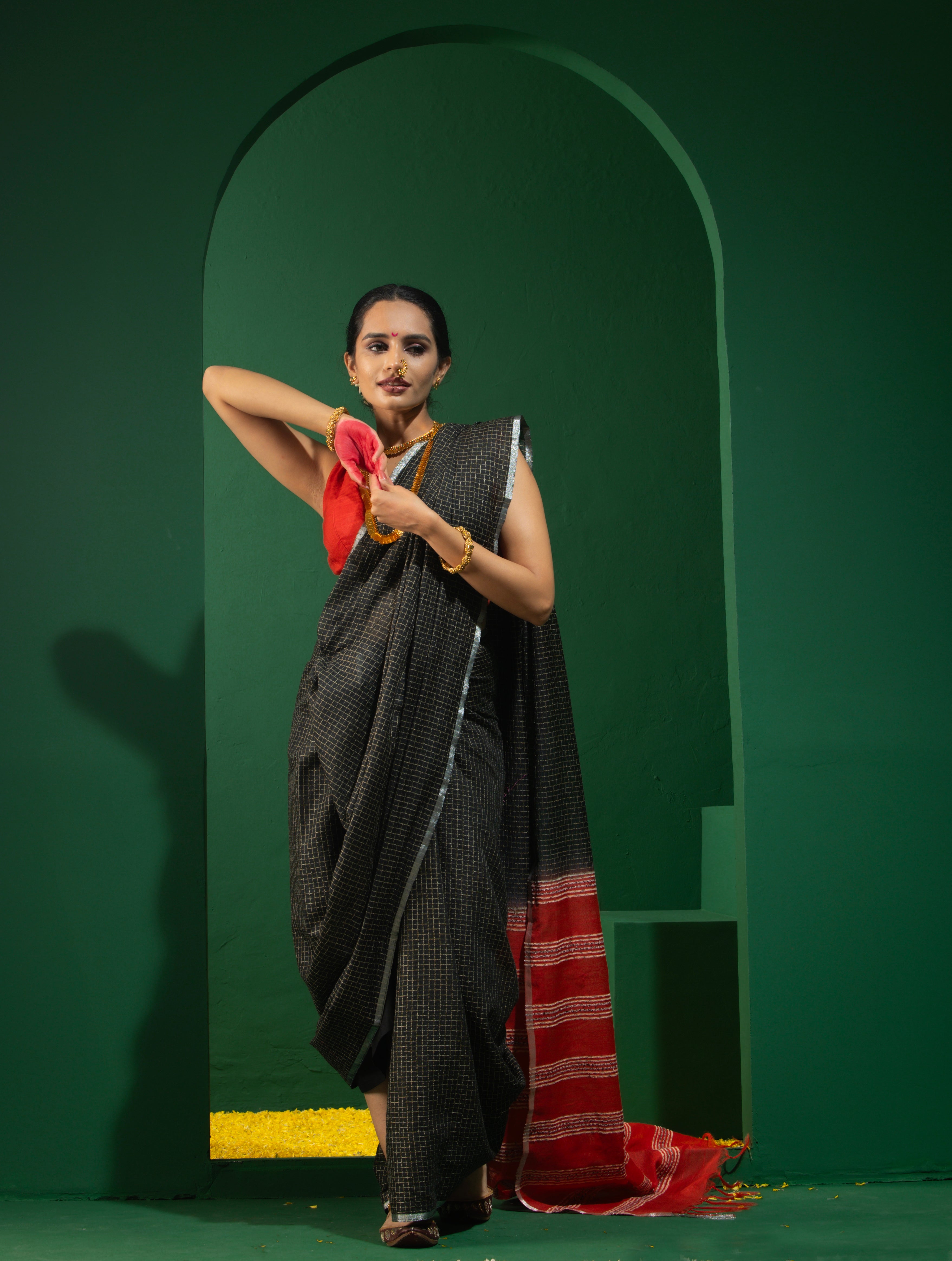 Black Check Silver Border Saree with Red Pallu and Blouse Fabric