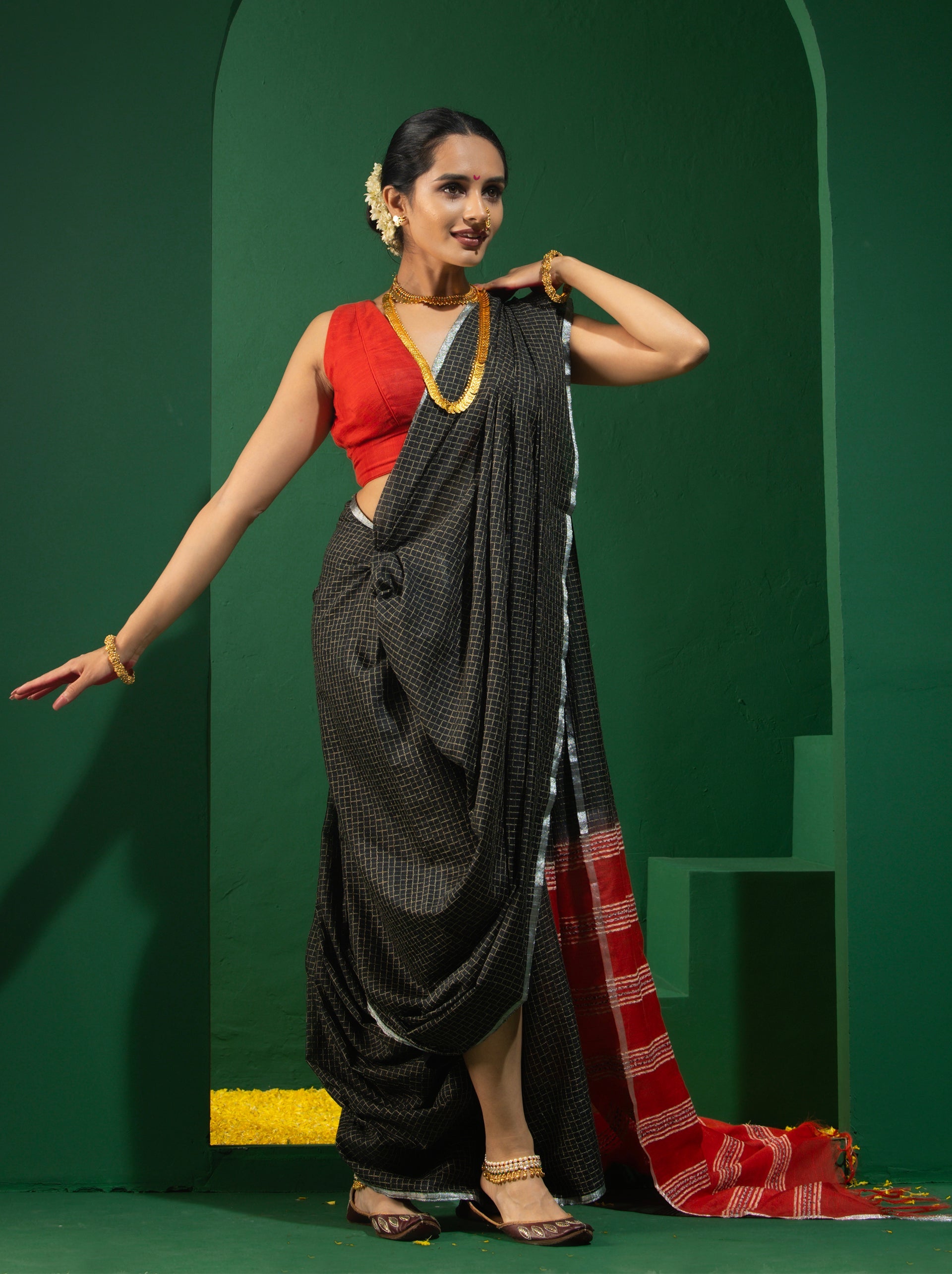 Black Check Silver Border Saree with Red Pallu and Blouse Fabric