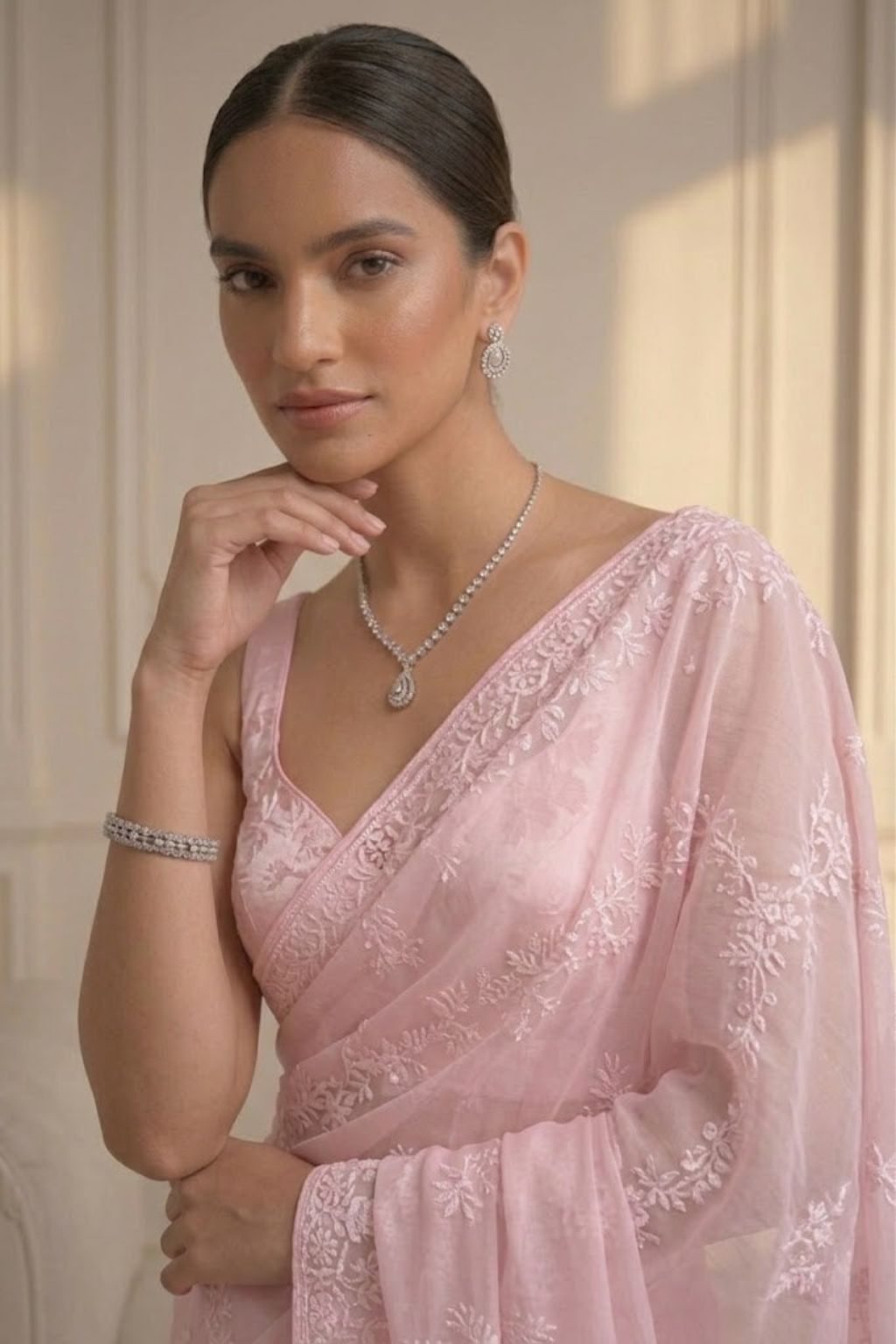 Blush Pink Stripe Lace Saree with Sequin and Blouse Fabric