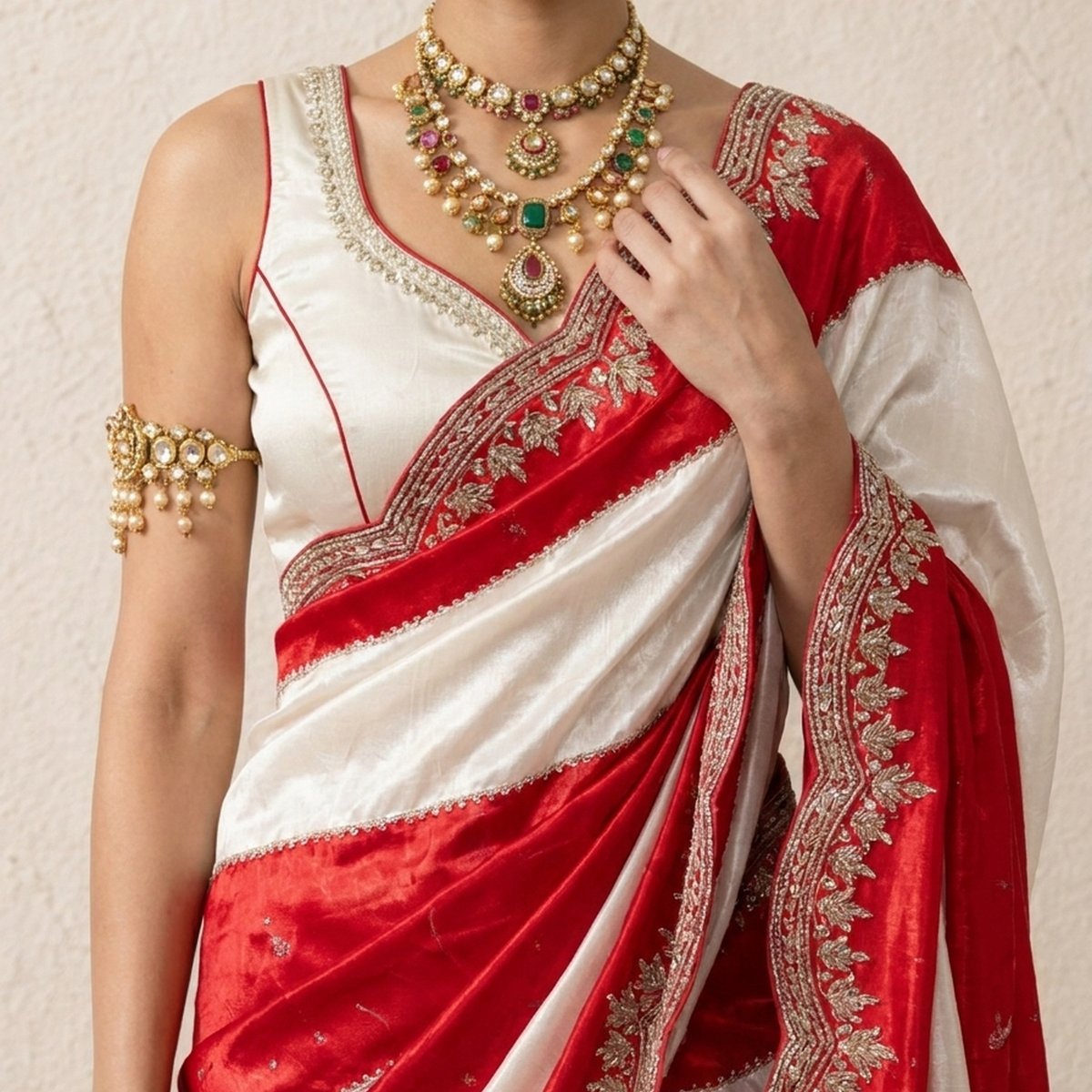 Red and Cream Striped Metallic Satin Hand Beaded Saree with Matching Beaded Blouse Fabric