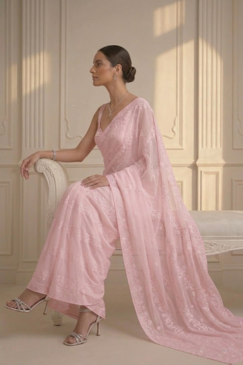 Blush Pink Stripe Lace Saree with Sequin and Blouse Fabric
