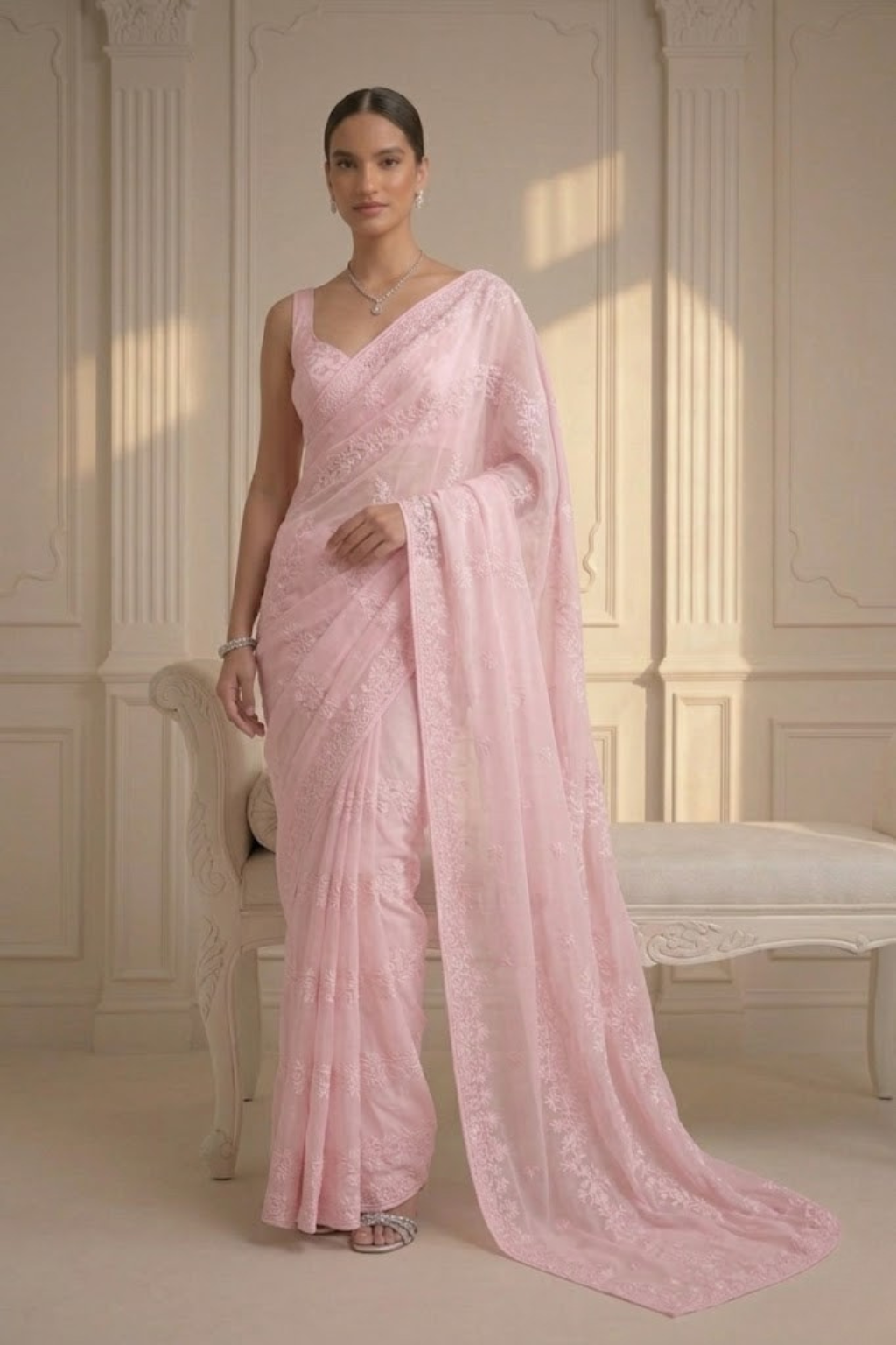 Blush Pink Stripe Lace Saree with Sequin and Blouse Fabric
