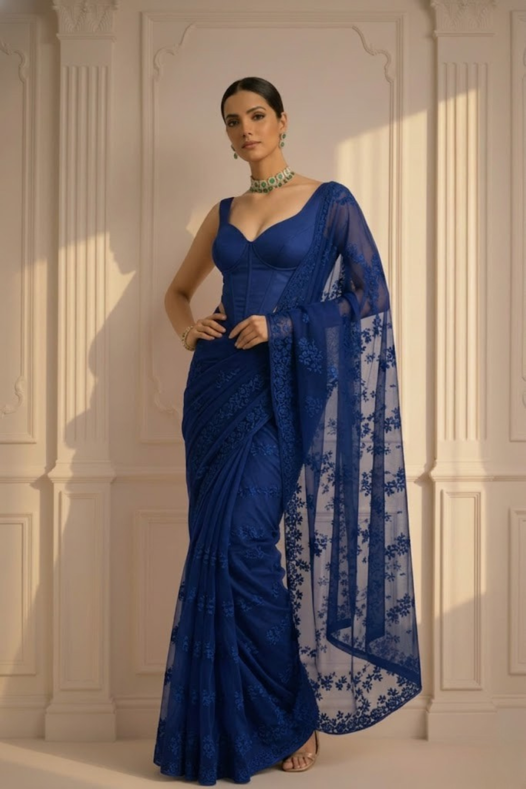 Prussian Blue Stripe Lace Saree with Sequin and Blouse Fabric
