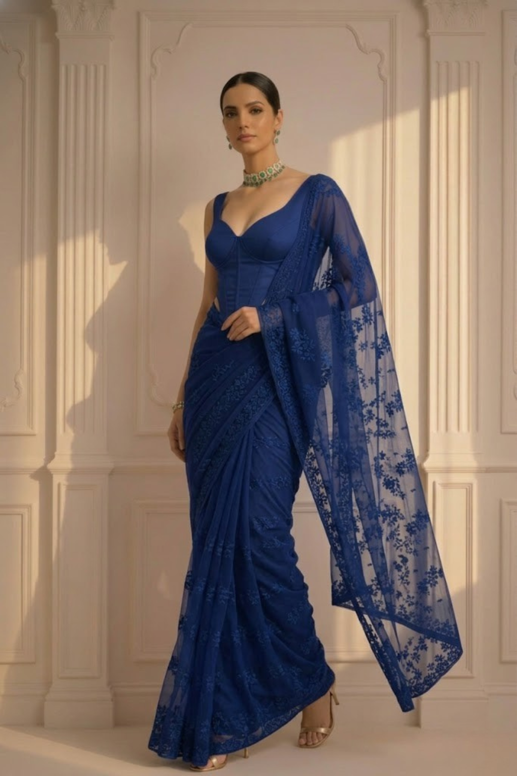 Prussian Blue Stripe Lace Saree with Sequin and Blouse Fabric