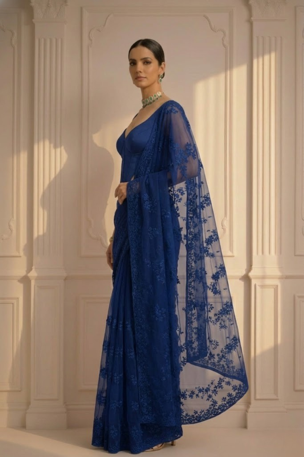 Prussian Blue Stripe Lace Saree with Sequin and Blouse Fabric