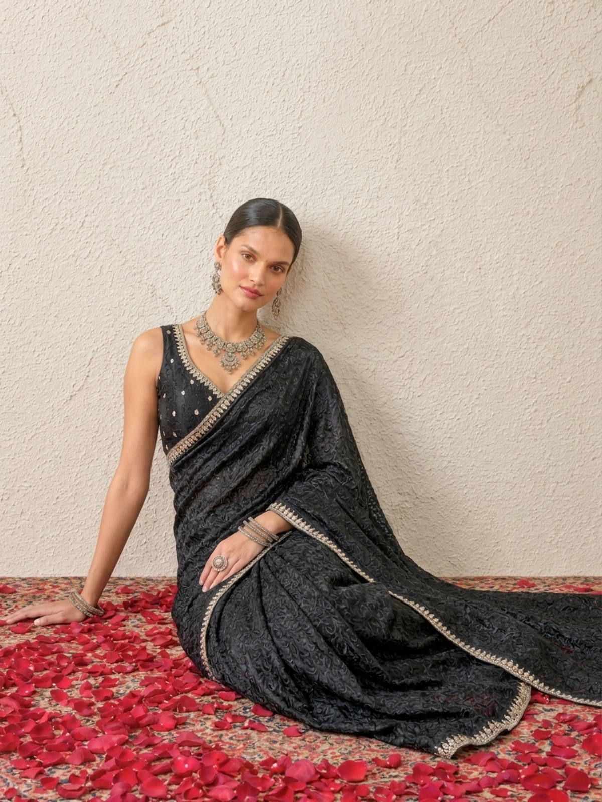Black Mirror Metallic Satin Hand Beaded Cut Dana Saree with Border and Matching Blouse Fabric