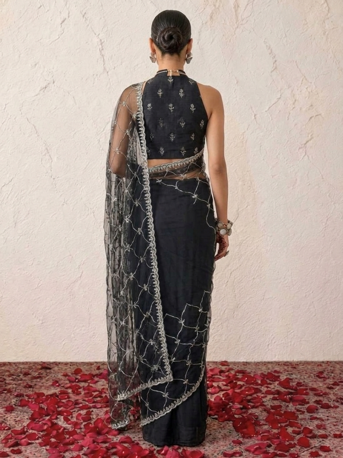 Black Net Scalloped Hand Beaded Cut Dana Saree with Matching Net Blouse Fabric