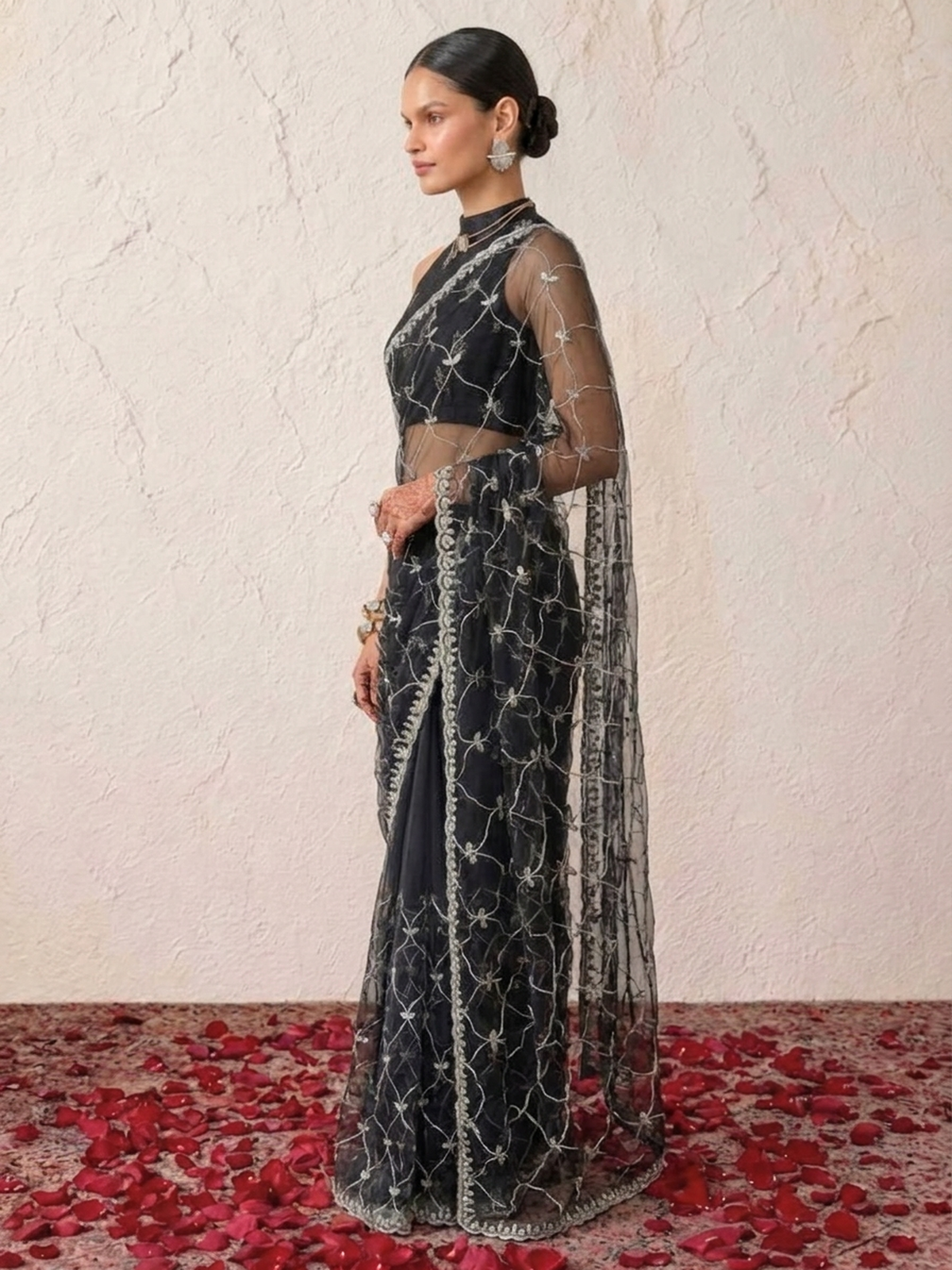 Black Net Scalloped Hand Beaded Cut Dana Saree with Matching Net Blouse Fabric