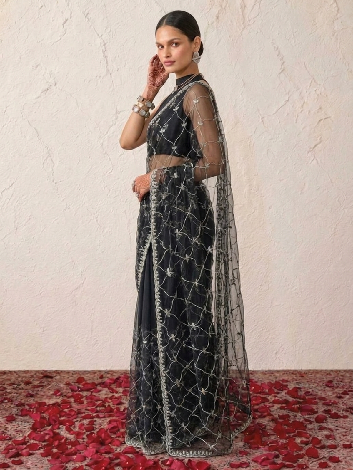 Black Net Scalloped Hand Beaded Cut Dana Saree with Matching Net Blouse Fabric