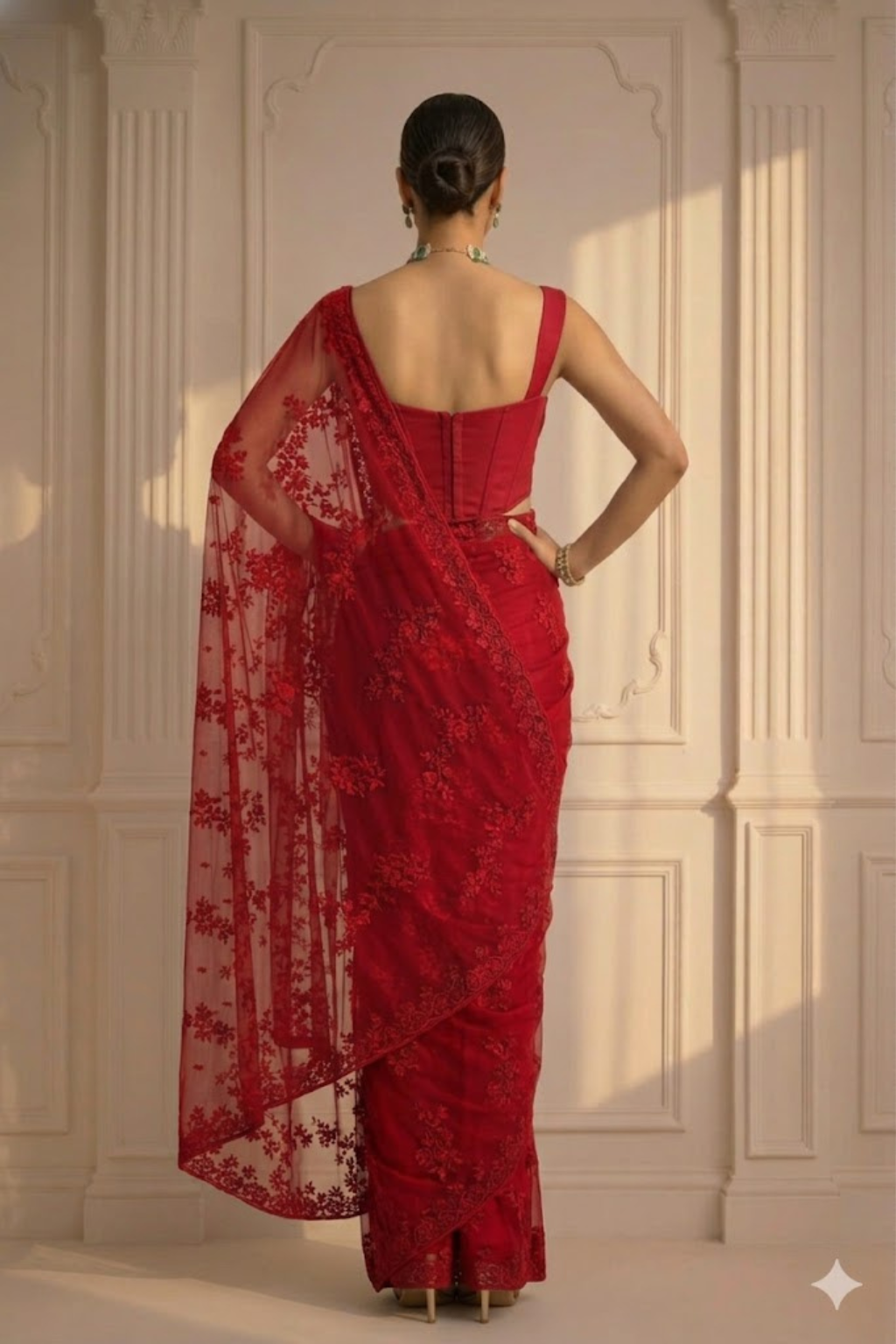 Red Stripe Lace Saree with Sequin and Blouse Fabric
