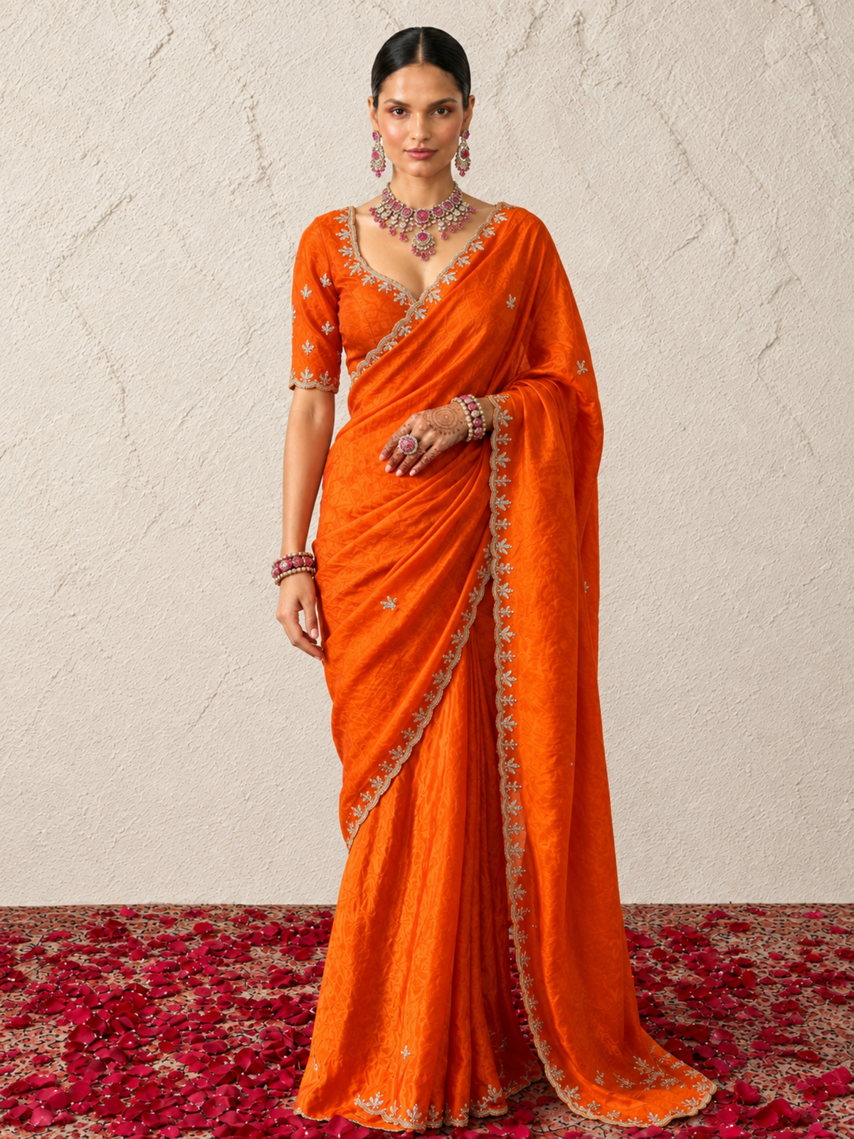 Orange Metallic Satin Scalloped Leaf Hand Beaded Saree with Matching Beaded Blouse Fabric