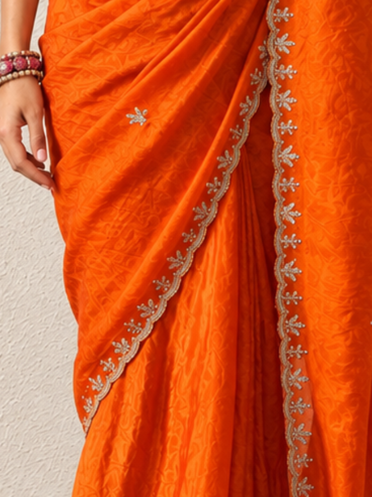 Orange Metallic Satin Scalloped Leaf Hand Beaded Saree with Matching Beaded Blouse Fabric