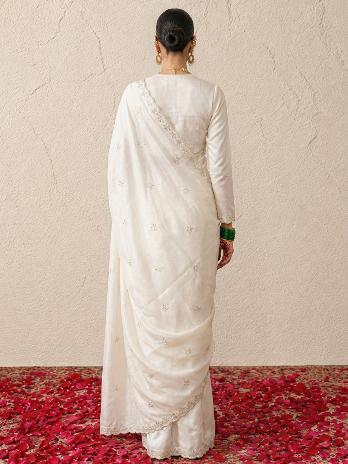 Cream Organza Scalloped Hand Cut Dana Saree with Matching Beaded Blouse Fabric