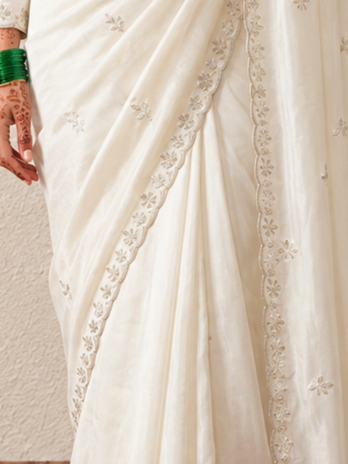 Cream Organza Scalloped Hand Cut Dana Saree with Matching Beaded Blouse Fabric