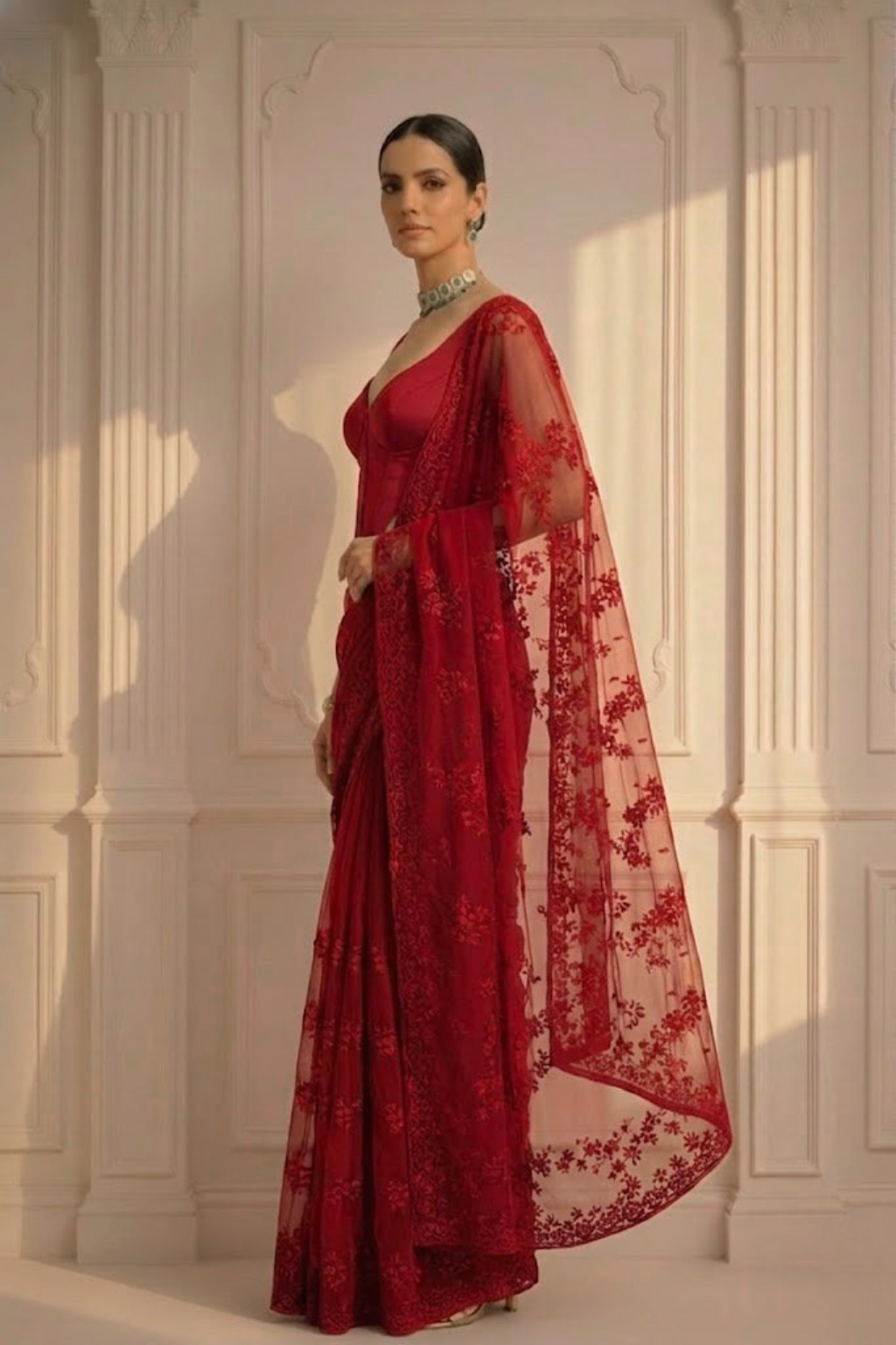 Red Stripe Lace Saree with Sequin and Blouse Fabric