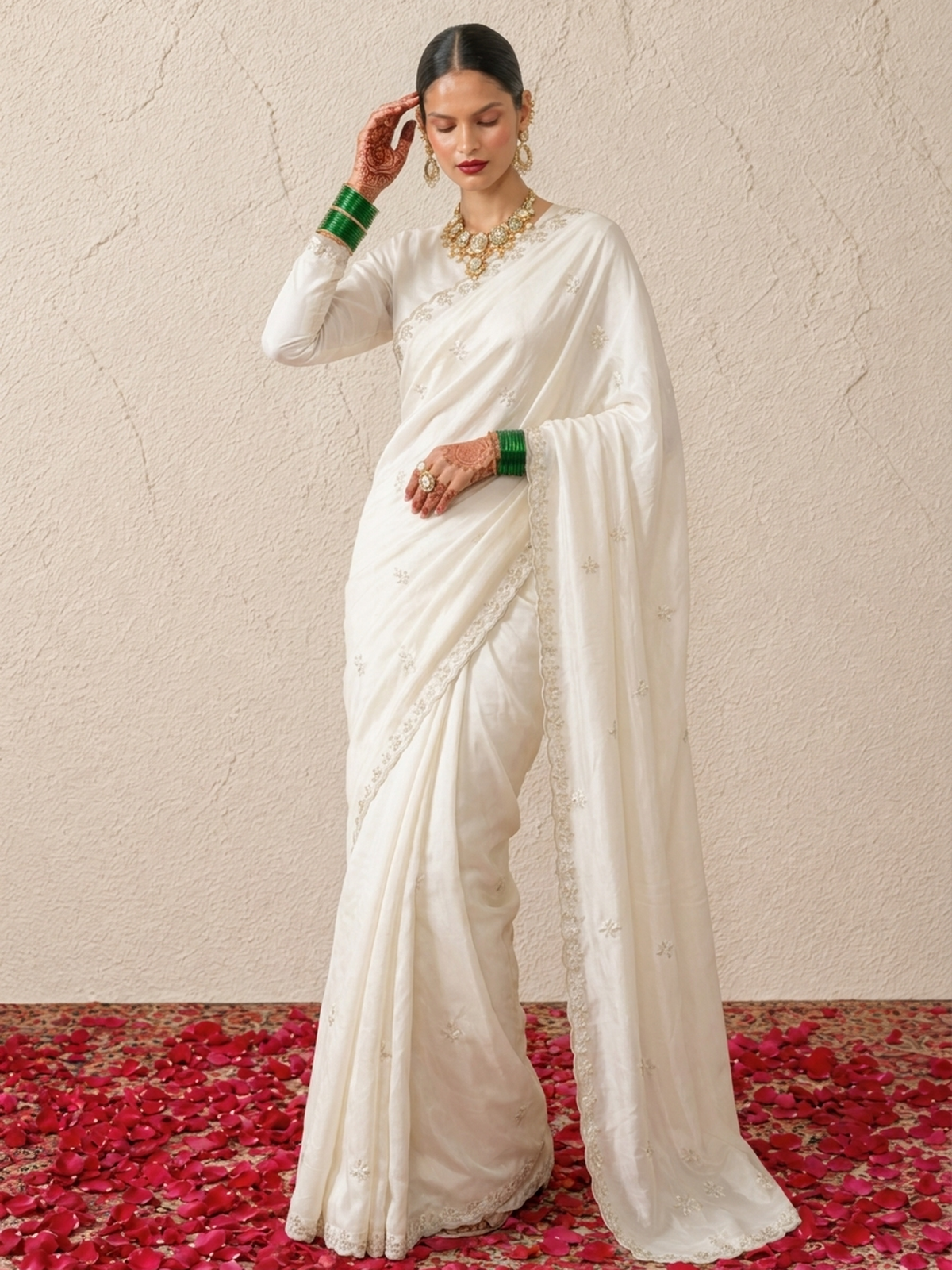 Cream Organza Scalloped Hand Cut Dana Saree with Matching Beaded Blouse Fabric
