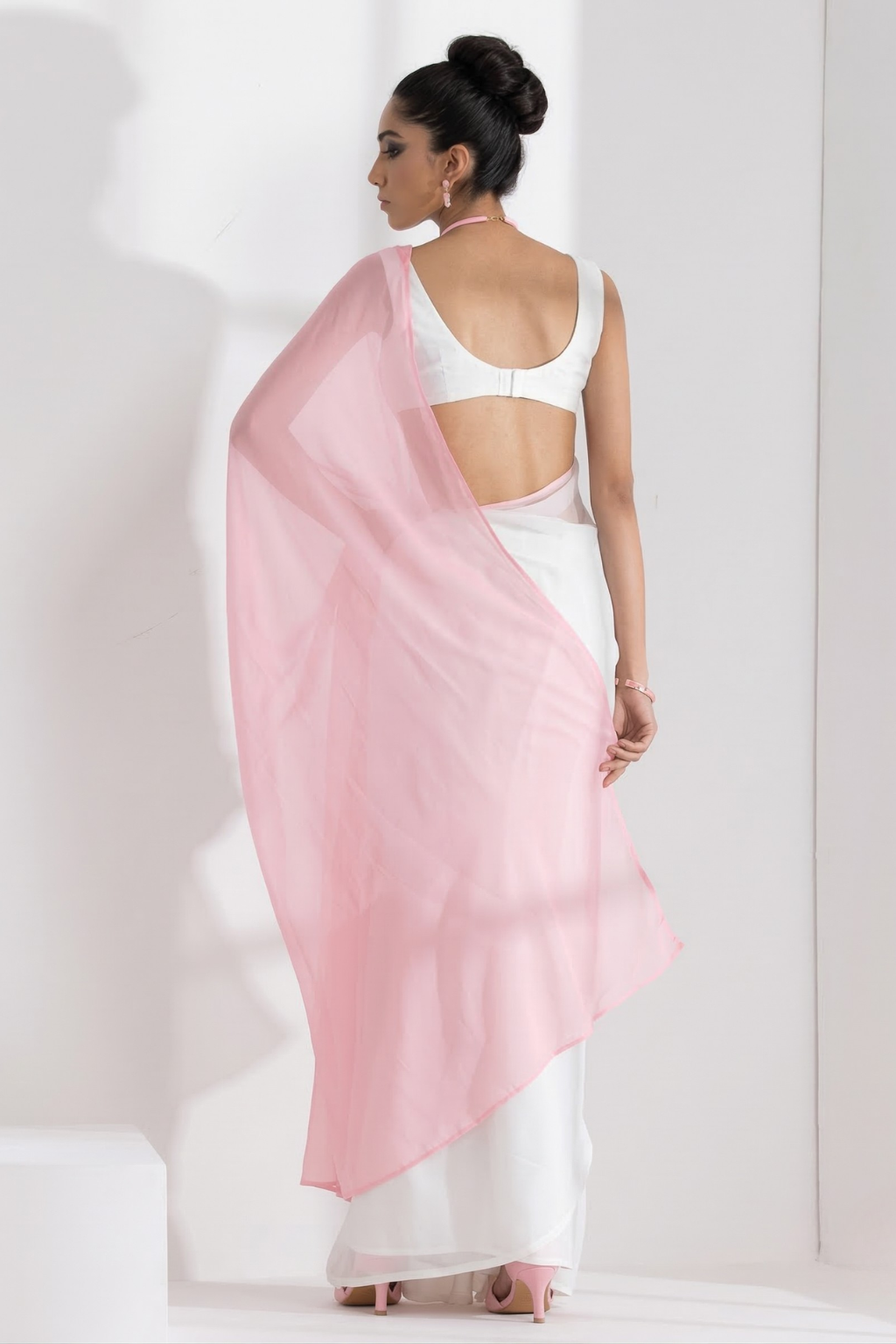 White with Pink Chiffon Saree and Blouse Fabric