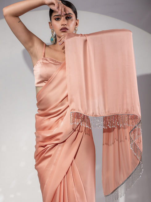 First Date Peach Satin Saree with Beads & Blouse Fabric