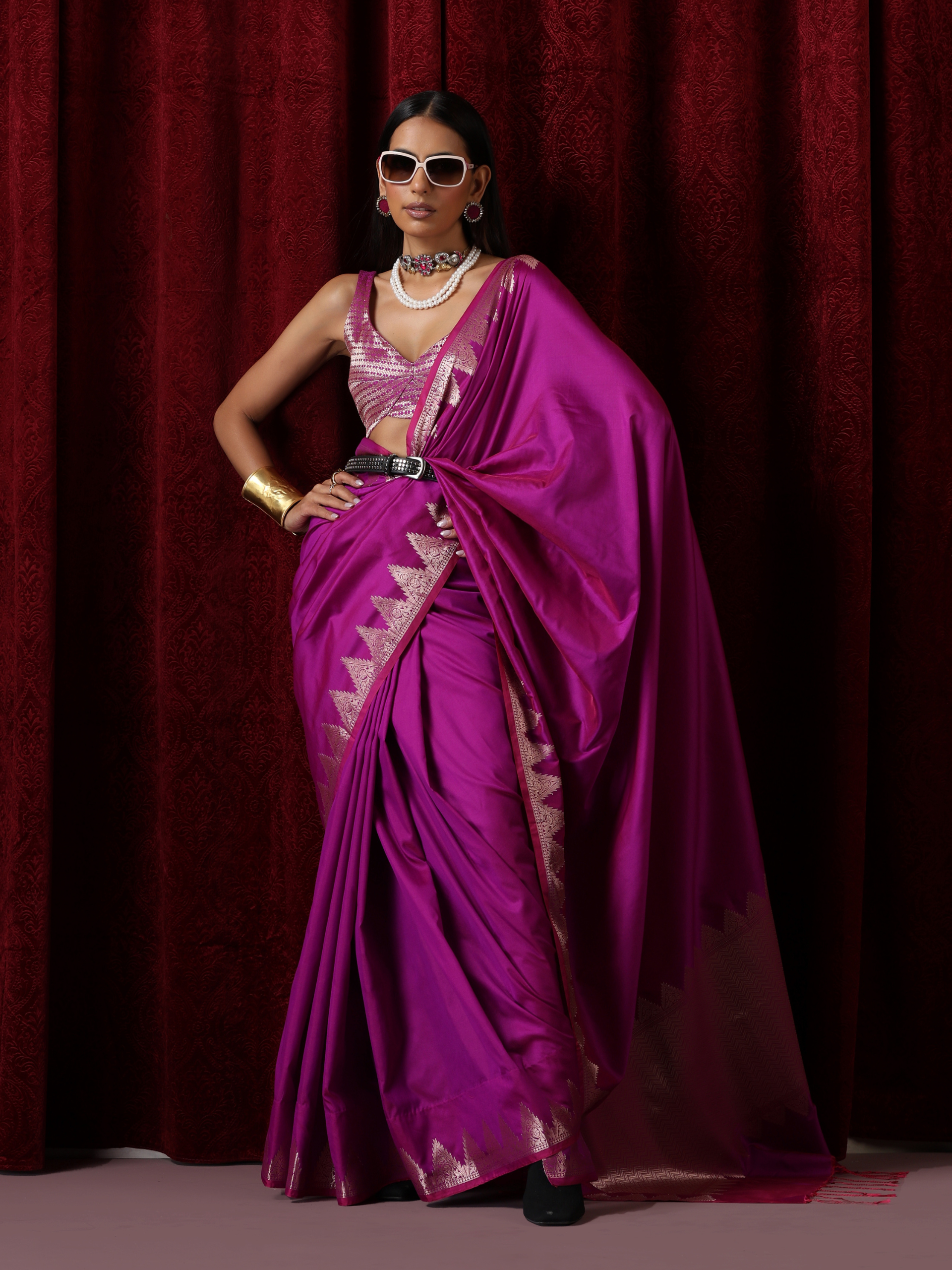 Banarasi Plum Temple Pure Silk Saree with Blouse Fabric