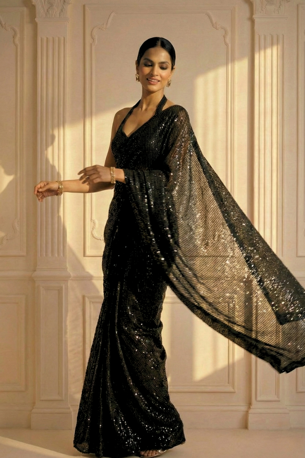 Black Muse Knitted Sequin Saree with Blouse Fabric