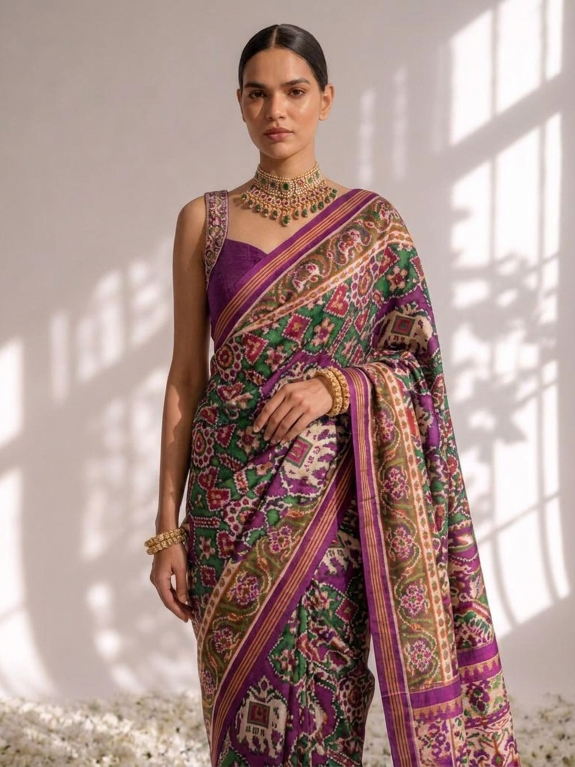 Purple Silk Patola Saree with Self Blouse Fabric