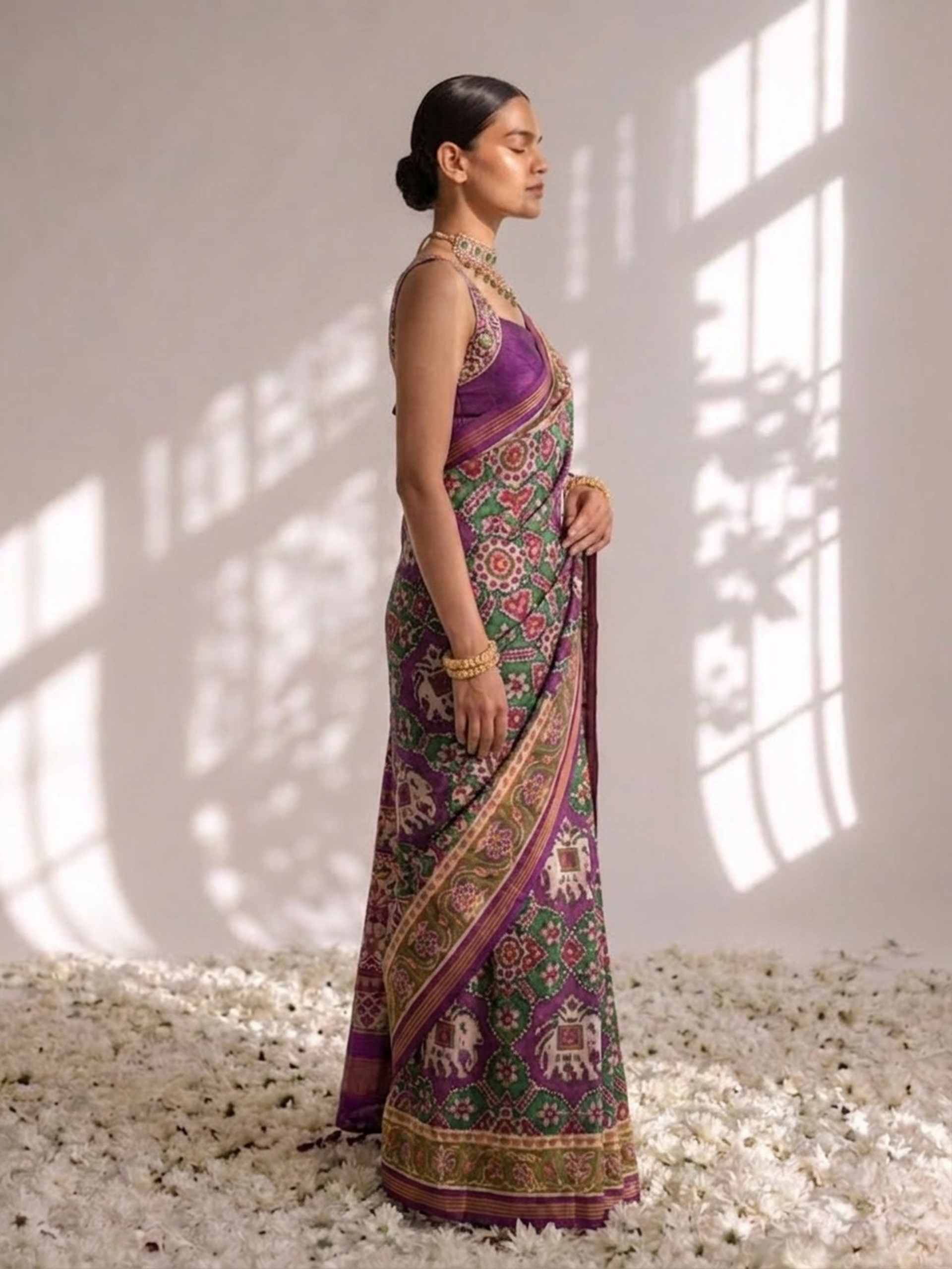 Purple Silk Patola Saree with Self Blouse Fabric